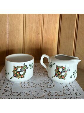 Vintage Carrigaline Pottery Cork Creamer Sugar Bowl Tara Brooch Celtic